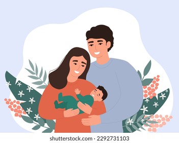 A young happy married couple of parents with a child in their arms. Mother and father hug each other together with their son. Vector graphics.