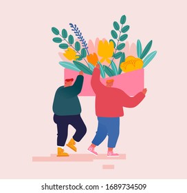 Young Happy Men Characters Carry Huge Bunch of Herbs for Perfume or Essential Oil Creation. Seasoning and Spices Ingredient for Scent and Herbal Aroma Therapy. Cartoon People Vector Illustration