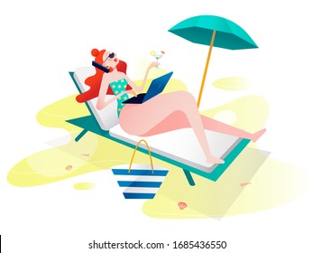 Young happy millennial girl freelancer with mobile smartphone and laptop notebook working from beach. Work anywhere concept. Work from home. Relaxed and comfortable work environment. Gen Z lifestyle.