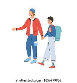 Young happy modern couple during traveling. Man showing and telling something to woman. Tourist characters hiking with backpacks. Flat vector illustration isolated on white background