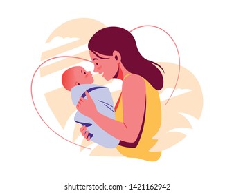 Young and happy mom is holding her baby. Mothers day. Mother and little newborn son or daughter. Vector illustration isolated on white for card, web banner, site