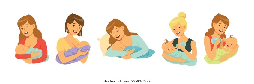 Young Happy Mom Parent Feeding Baby Kid Vector Set