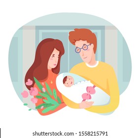 Young happy mother and father holding newborn baby on hands. Maternity, parenting and childbirth. Parents hugging infant kid. Happiness, care and love. Congratulation. Vector flat cartoon illustration