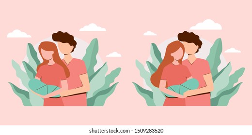 Young happy mother and father with newborn baby on arms. Happy parents family concept. congratulations on a newborn, stork with a child, baby clothes. Baby shower Invitation. Mom and dad nursing baby
