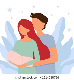 Young happy mother and father with newborn baby on arms. Happy parents family concept. congratulations on a child, kids clothes. Baby shower Invitation. Mom and dad nursing baby