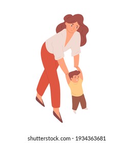 Young Happy Mother Helping Her Baby, Learning To Walk. Mom Holding Toddler, Making First Steps. Colored Flat Vector Illustration Of Parent And Child Isolated On White Background