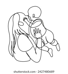 A young happy mother holds her baby in her and kisses him. A child hugs and kisses his mother. Female portrait with kid. Happy motherhood. Vector icon, emblem, logo in trendy continuous line style.