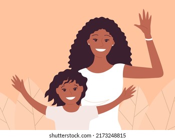Young happy mother with little daughter. African American family. Beautiful people, female. Welcome gesture. Flat vector illustration people