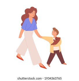 Young happy mother walking with son. Mom holding hand of her kid. Colored flat vector illustration of adult and child strolling isolated on white background