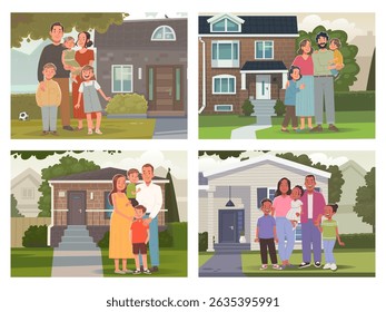 Young happy multicultural families with their houses in the background. Vector illustration in flat style