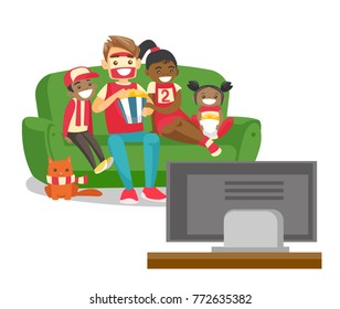 Young happy multicultural family sitting on sofa, eating popcorn and watching football game together on television at home. Vector cartoon illustration isolated on white background. Square layout.