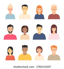 Jóvenes felices multiculturales avatares set. Personas sonrientes encabezan colección de ilustraciones vectoriales. Icono de avatar de hombres y mujeres de diversos negocios. Personajes de personas de diseño plano. Grupo de caras masculinas y femeninas