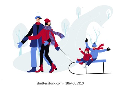 Young happy mum and dad are sledding children. Family spend winter days together. Girl and boy enjoy winter, sledding with family.