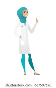 Young happy muslim doctor in medical gown giving thumb up. Full length of female doctor with thumb up. Cheerful doctor showing thumb up. Vector cartoon illustration isolated on white background.