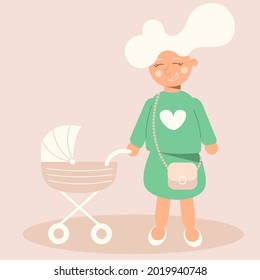 young happy new mother with blond hair and green clothes out with pram; flat design