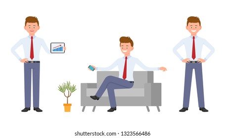 Young happy office worker in formal wear sitting on sofa, holding smartphone, showing infographics. Cartoon character design of handsome person different doings during day job concept