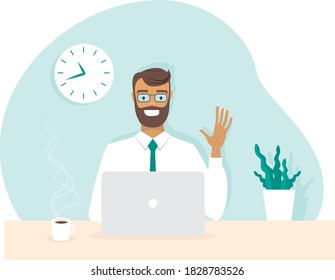 Young happy office worker having conference call via laptop. Home office. Stay at home and work from home concept during Coronavirus COVID-19 pandemic. Flat vector character illustration