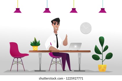 Young happy office worker. Isolated pieces of furniture and office decor on a light background. Cartoon style character