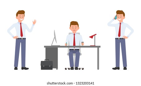 Young happy office worker sitting at the desk, waving hello, talking on phone. Cartoon character design of cute clerk busy during day job concept