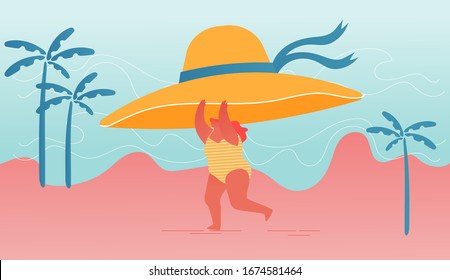 Young Happy Overweight Woman Character Holding Huge Tropical Hat in Hands Run along Summer Sandy Beach. Open Mind, Summertime Nature Vacation, Holiday and Active Lifestyle. Cartoon Vector Illustration