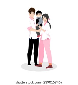 Young happy parents play with a baby. Daddy and Mom smiles at his son and hugs his wife. Mom holds daughter in her arms. Modern family. Flat vector illustration