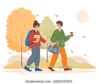 Young happy people in autumn park. Smiling teenage girls and boy, college and university student characters on white background. Education Vector illustration.
