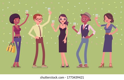 Jóvenes felices con bebidas de celebración. Amigos reuniéndose para una agradable celebración de aniversario, una fiesta de cumpleaños, boda, graduación o evento corporativo. Ilustración de dibujos animados de estilo plano