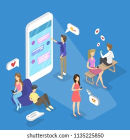Young happy people chatting through the social networks with loved ones, sending cute emoji such as heart and kiss. Internet communication. Isolated isometric vector illustration