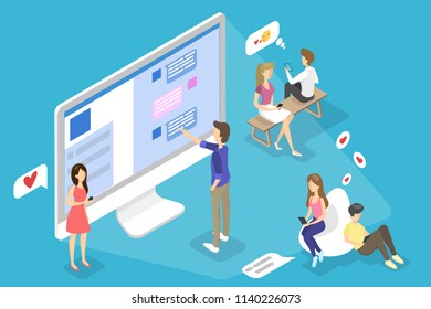 Young happy people chatting through the social networks with loved ones, sending cute emoji such as heart and kiss. Internet communication. Isolated isometric vector illustration