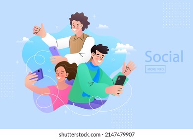 Young happy people chatting through the social networks with friends. Best Friends concept. Social media on mobile concept. Flat style minimal vector illustration.