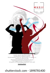 Young happy people are dancing. Nightlife and music festival concept. Vector