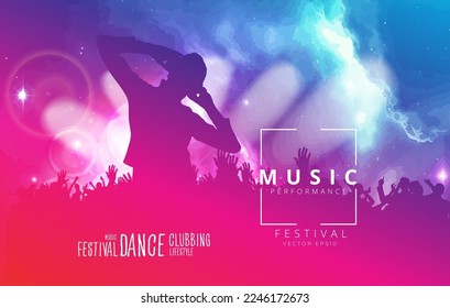 Young happy people are dancing. Nightlife and music festival concept. Vector