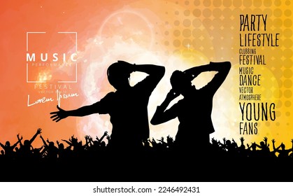 Young happy people are dancing. Nightlife and music festival concept. Vector