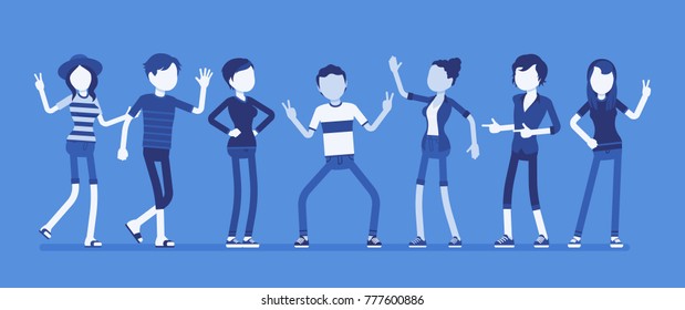 Young happy people. Friends feeling great pleasure or joy meeting together, have a good free time, vacation enjoyment and amusement. Vector illustration with faceless characters