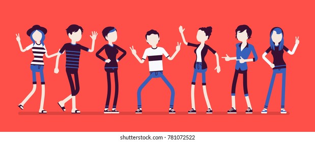 Young happy people. Friends feeling great pleasure or joy meeting together, have a good free time, vacation enjoyment and amusement. Vector illustration with faceless characters