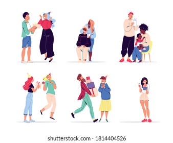 Young happy people giving presents to each other, celebrating on party isolated. Boys and girls, mother with baby cartoon characters with gift boxes. Vector flat illustration.
