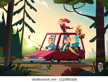 Young happy people going by a car from the city to the nature. Student vacation concept. Beautiful summer landscape 