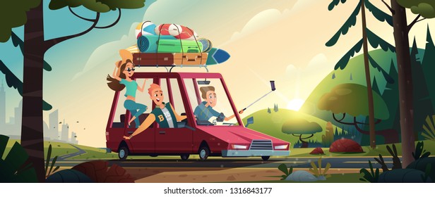 Young happy people going by a car from the city to the nature. Cheerful Teenagers vacation concept. Beautiful summer landscape