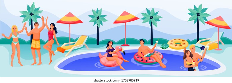 Junge glückliche Leute haben einen lustigen Sommerurlaub auf der Poolparty. Vektorflache Zeichentrickfiguren Illustration. Männer und Frauen in Bikini und Badebekleidung im Schwimmbad