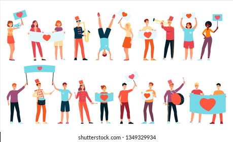 Young happy people holding placards and banners with heart image, playing music and dancing in flat style - isolated vector illustration set of peace and love demonstration or parade participants.