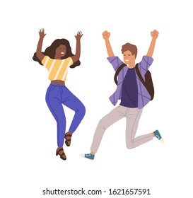 Young happy people jumping flat vector illustration. Man and woman raising hands characters. Successful collaboration, teamwork isolated on white background. Achievement, success, win gesture.