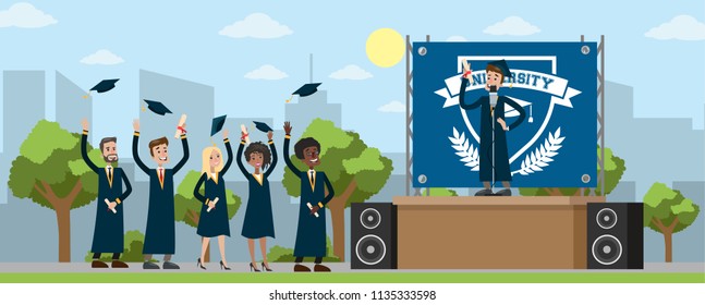 Young happy people on graduation day holding diploma and throwing hats in the air. Smiling students celebrating achievement. Isolated flat vector illustration