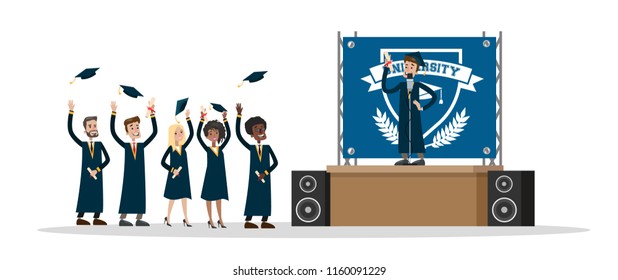 Young happy people on graduation day holding diploma and throwing hats in the air. Smiling student giving the speech. Isolated flat vector illustration