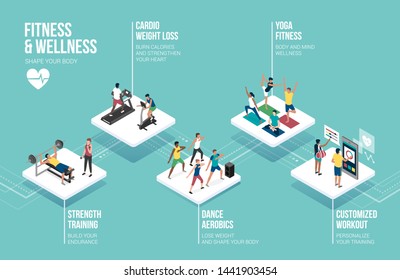 Young happy people practicing sports together at the gym and different workouts: fitness, health and training concept, isometric vector infographic