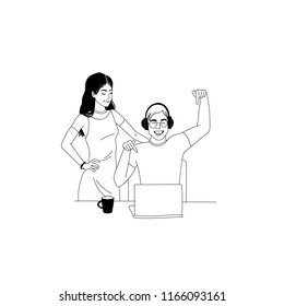 Young happy people work at computer. Funny moment. Colleague at call-center. vector illustration. Line style.