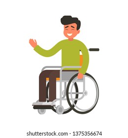Young happy person sits in a wheelchair on a white background. Smiling male character with physical disability or impairment. Vector illustration in flat cartoon style