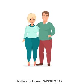 Young happy plus size couple of man and woman standing together vector illustration