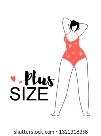 Young Happy Plus Size Woman Wearing Red Swimming Suit with Hands Behind of Head Stand on White Background with Hearts. Body Positive Thinking. Love and Acceptance of Own Body Flat Vector Illustration.