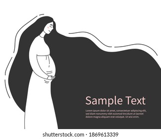 Young and happy pregnant woman holds her belly. Pregnancy and maternity concept illustration. Vector illustration with a beautiful young pregnant woman with long hair and place for text