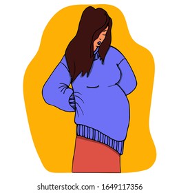 Young happy pregnant woman with long hair. Line art. Stylized silhouette of mom with a baby. Flat cartoon colorful vector illustration.
